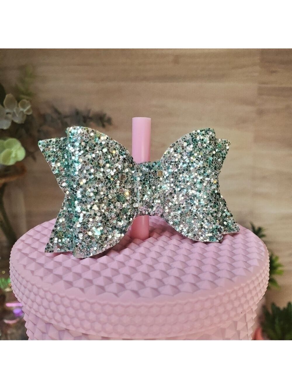 Small Teal Green Blue Glitter Sequin Bow Straw Topper Tumbler Accessory - Picture 2 of 7